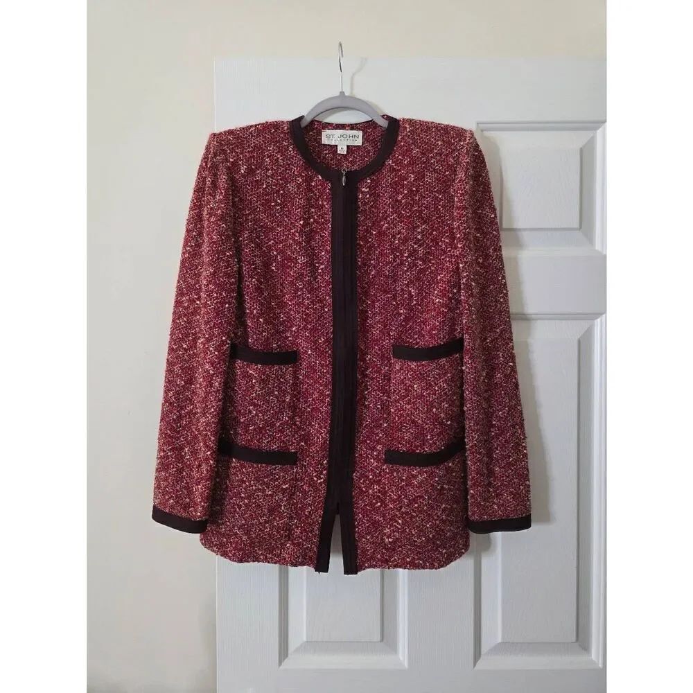 ST. JOHN Claret Red Black Tweed Boucle Wool Blend Knit Zip Front Jacket 10